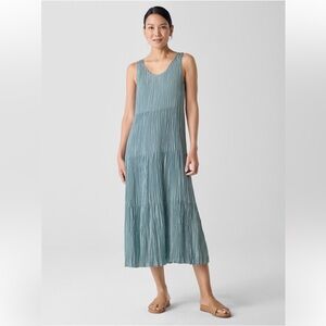 Eileen Fisher silk crinkled pleaded issey blue green crushed midi miyake dress